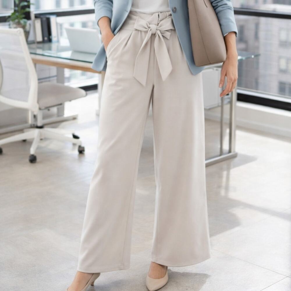Park Avenue Cream Wide-Leg‎ Trousers NWT Career Minimalist Tie Front Pants M
